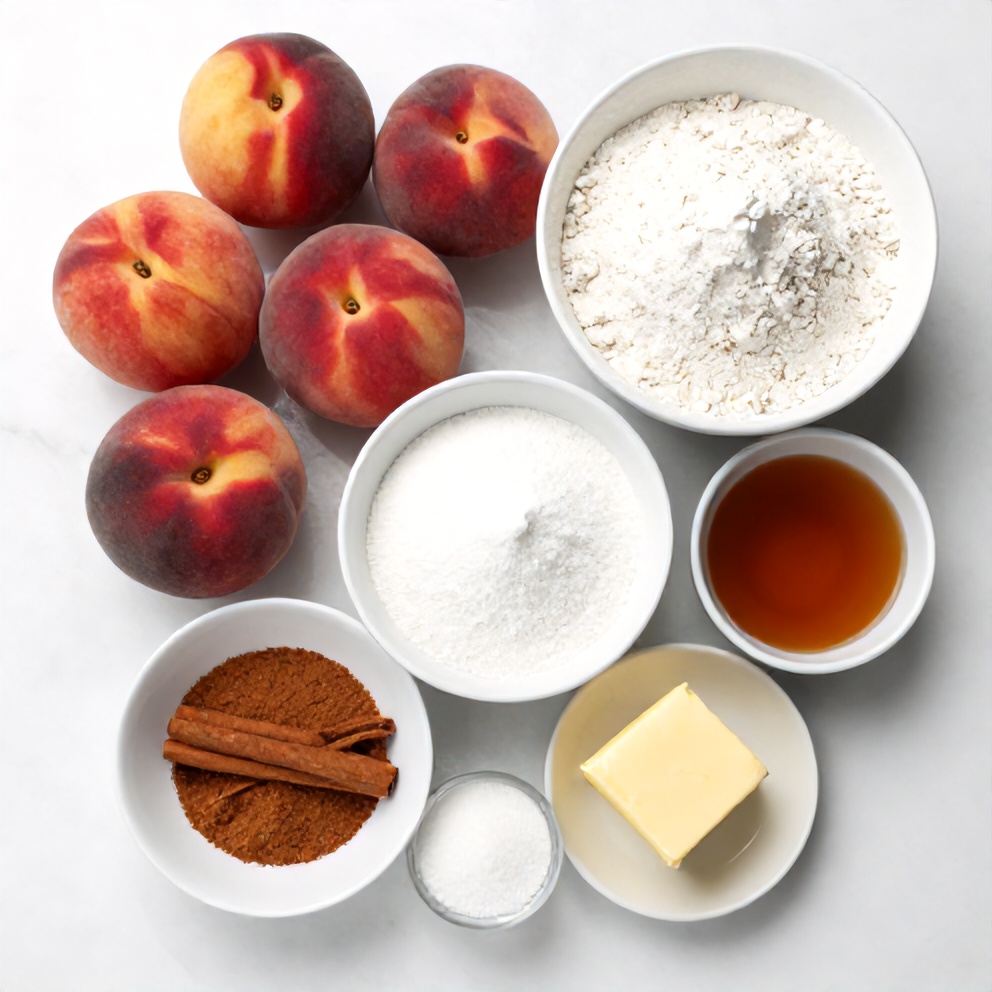 Fresh peaches, flour, sugar, butter, cinnamon, measured ingredients in bowls, white marble surface