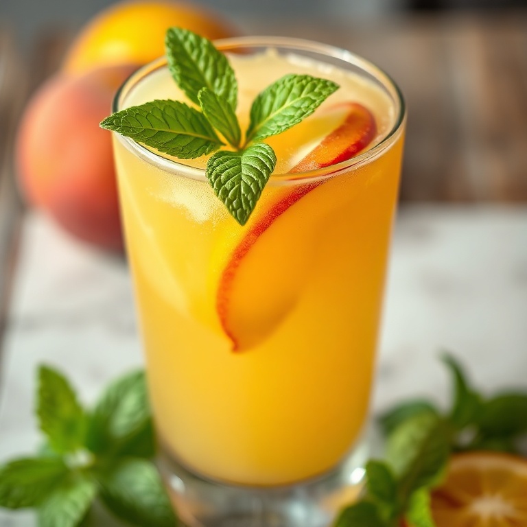 A refreshing glass of peach lemonade with a mint leaf on top