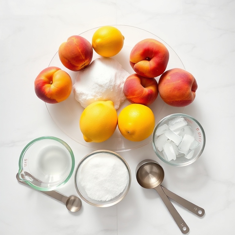 Fresh peaches, lemons, sugar, and ice arranged in a flat lay