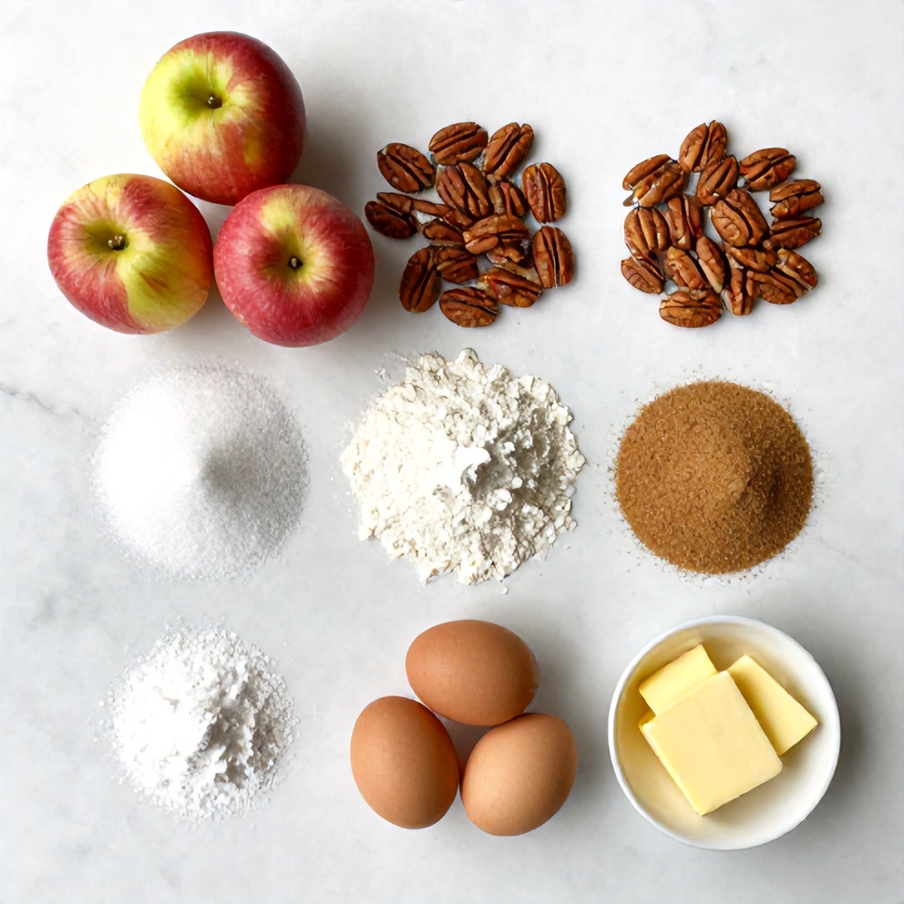 Ingredients for Pecan Apple Crisp Coffee Cake on a white marble surface