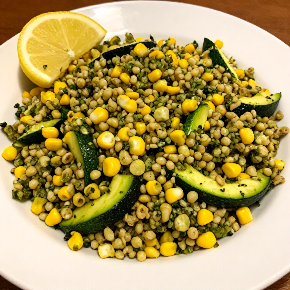 Pesto Zucchini Corn Quinoa Salad plated with a lemon wedge