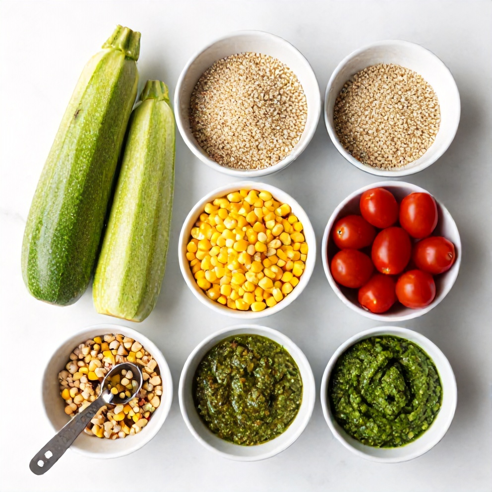 Ingredients for Pesto Zucchini Corn Quinoa Salad on a white marble surface