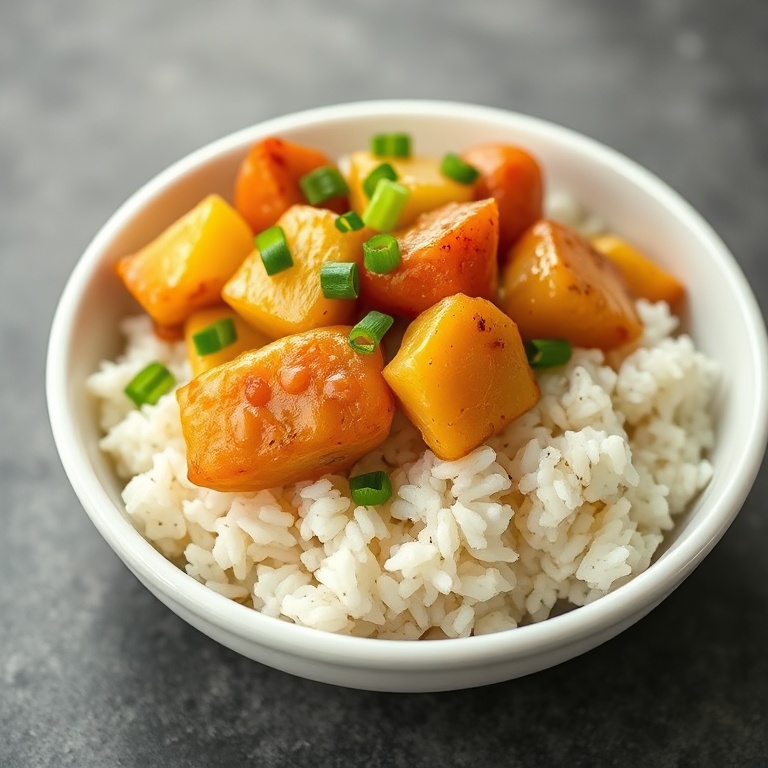 Plated serving of pineapple chicken and rice garnished with chopped green onions on a white ceramic plate with warm lighting