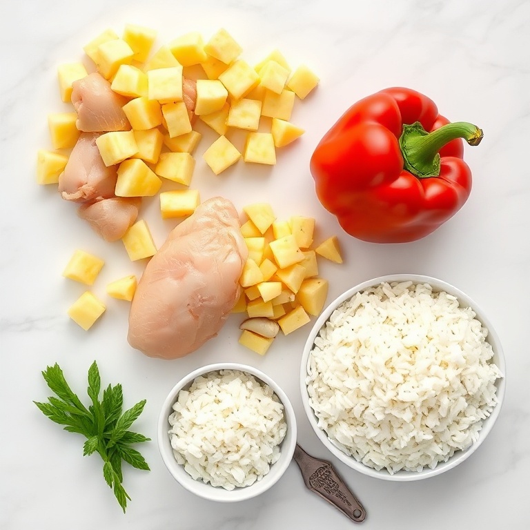 Raw ingredients for pineapple chicken and rice showing chicken breasts, fresh pineapple chunks, white rice, bell peppers, and green onions on a white marble surface