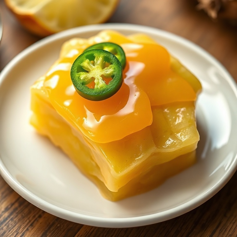 Close up of plated pineapple cowboy candy garnished with sliced jalapenos on a white ceramic plate with warm side lighting