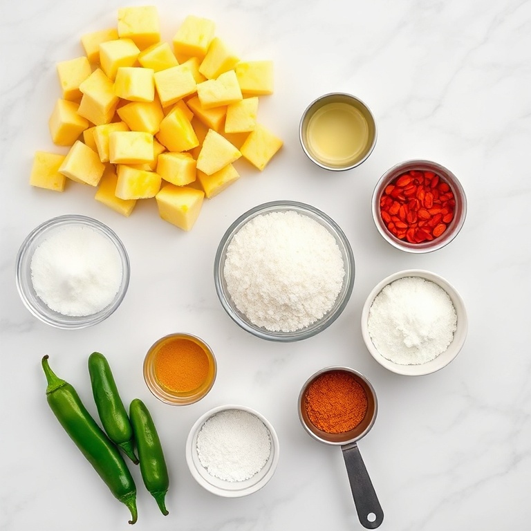 Overhead view of raw pineapple, jalapenos, sugar, vinegar and mustard seeds arranged with measuring spoons on white marble surface