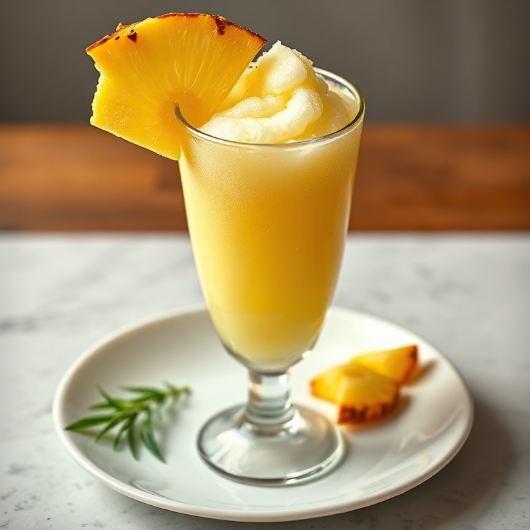 A beautifully plated pineapple rum slush in a tall glass. Fresh pineapple slice on the rim. Warm lighting highlights the texture.