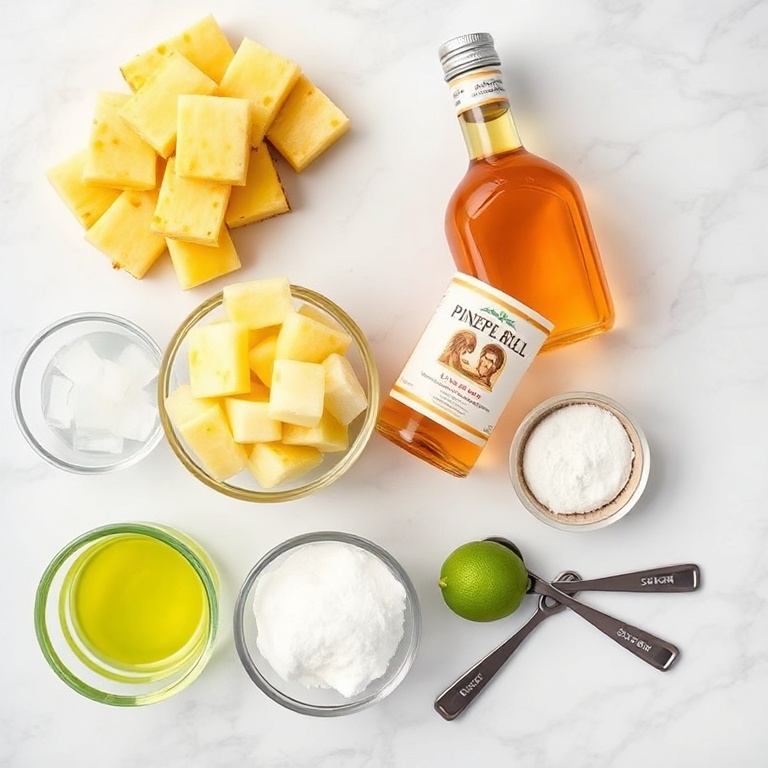 Raw ingredients for easy pineapple rum slush arranged in an overhead flat lay. Pineapple, rum, ice, sugar, and lime visible. Measuring cups and spoons nearby on a white surface.