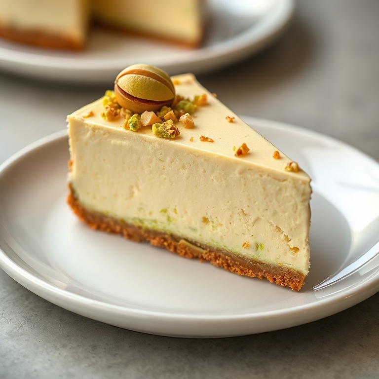 Single plated slice of pistachio cheesecake with crushed pistachios garnish served on white plate