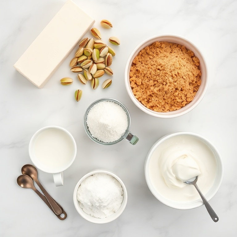 Overhead flat lay of cream cheese, pistachios, whipped cream, sugar, and graham crackers with measuring tools