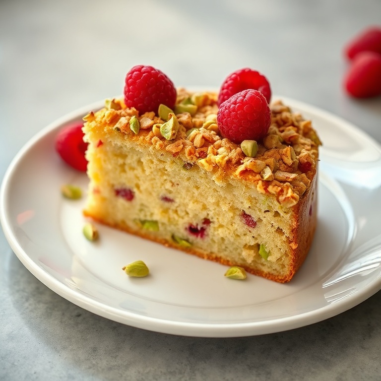 One slice of pistachio raspberry cake plated with fresh raspberries and chopped pistachios on a white dessert plate with warm side lighting