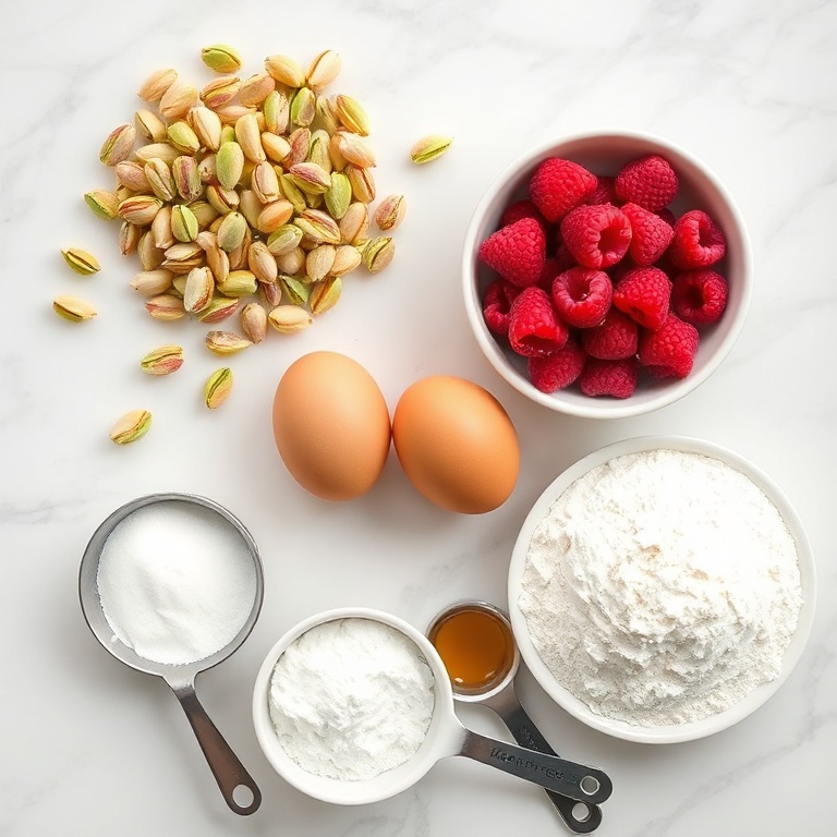 Overhead view of raw ingredients including pistachios, fresh raspberries, eggs, flour, and sugar arranged on white marble with measuring spoons