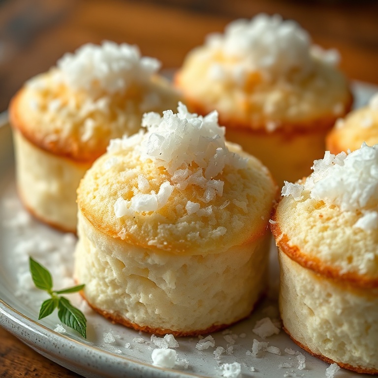 Portuguese coconut cakes with sweet coconut garnish. Elegant and delicious.