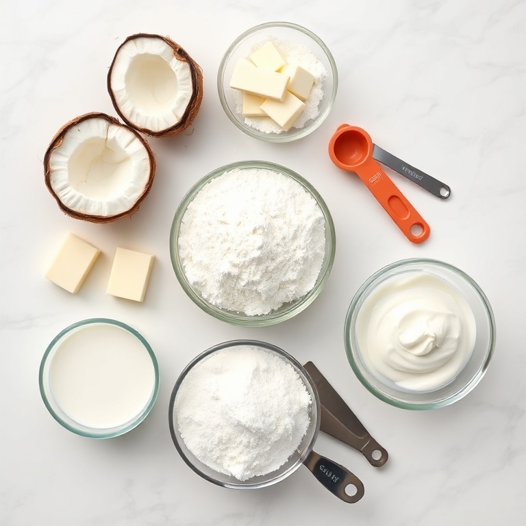 Fresh coconut, butter, sugar, flour, and cream. Measuring tools and bowls ready for baking.