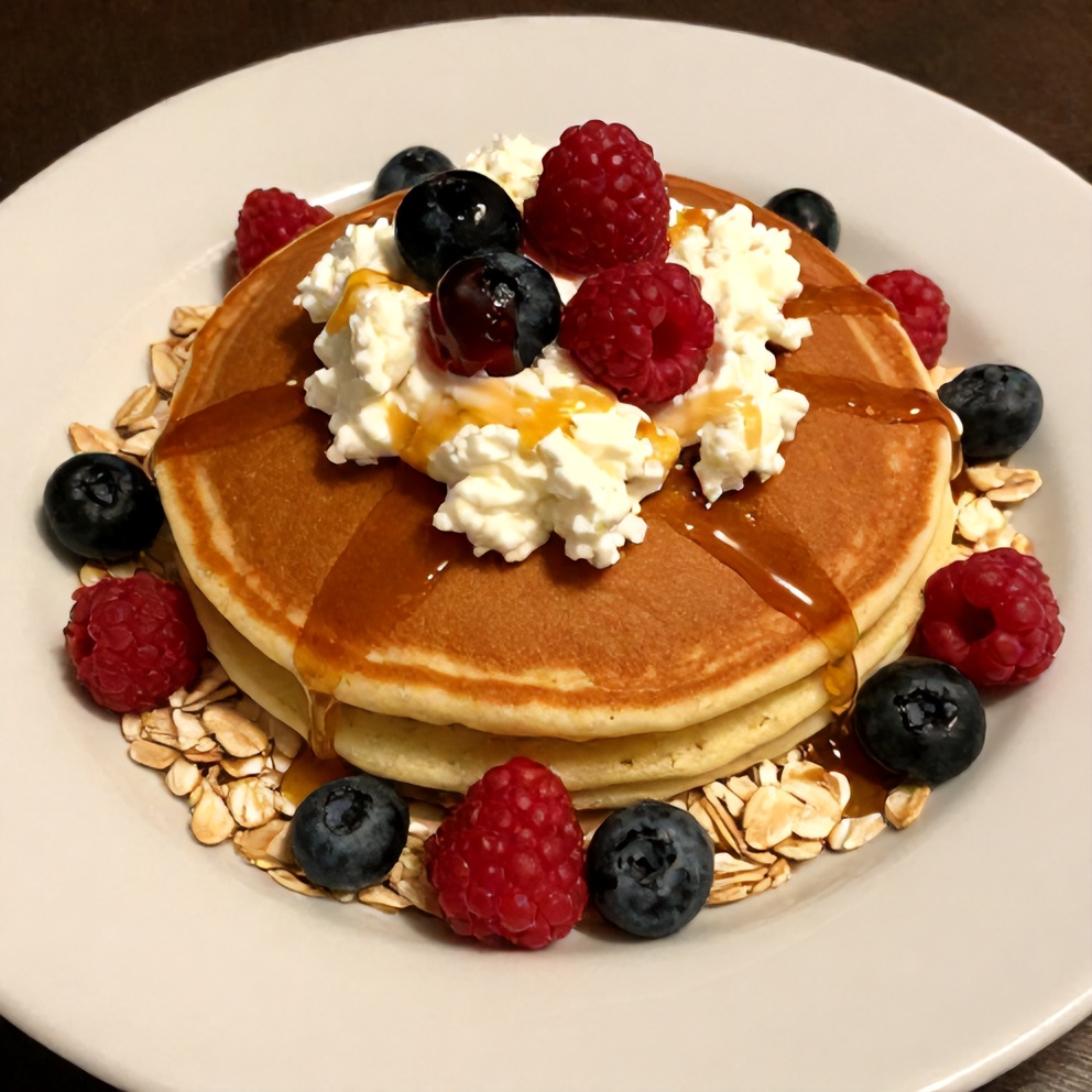 Stack of protein pancakes with cottage cheese and oats on a plate