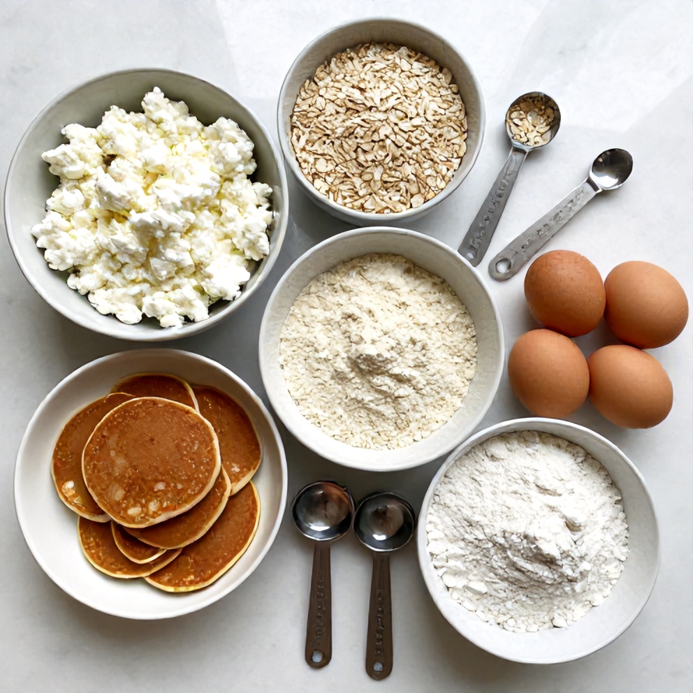 Raw ingredients for protein pancakes with cottage cheese and oats