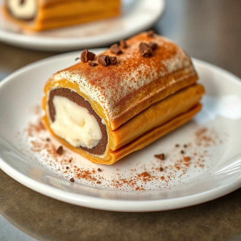 Serving of cannoli napoleon on a white plate. Chocolate curls and cinnamon dusting visible.