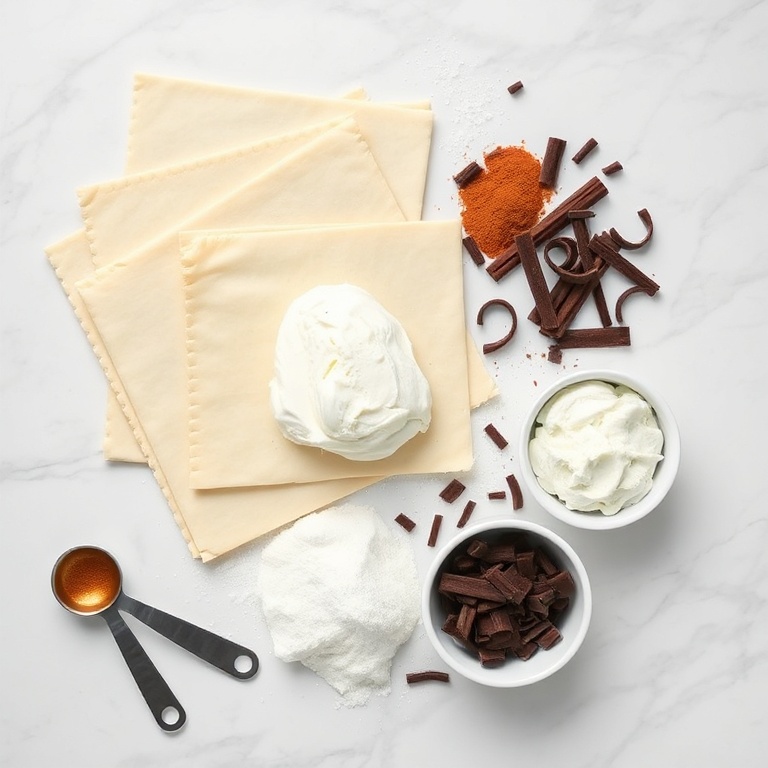 Raw puff pastry sheets, ricotta cheese, sugar, cinnamon, and chocolate curls arranged in a flat lay. Measuring spoons and bowls nearby.