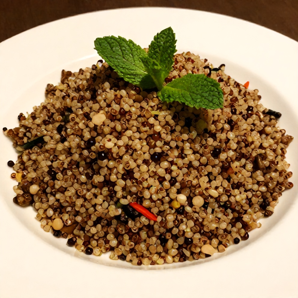 Quinoa Tabbouleh Salad garnished with mint leaves