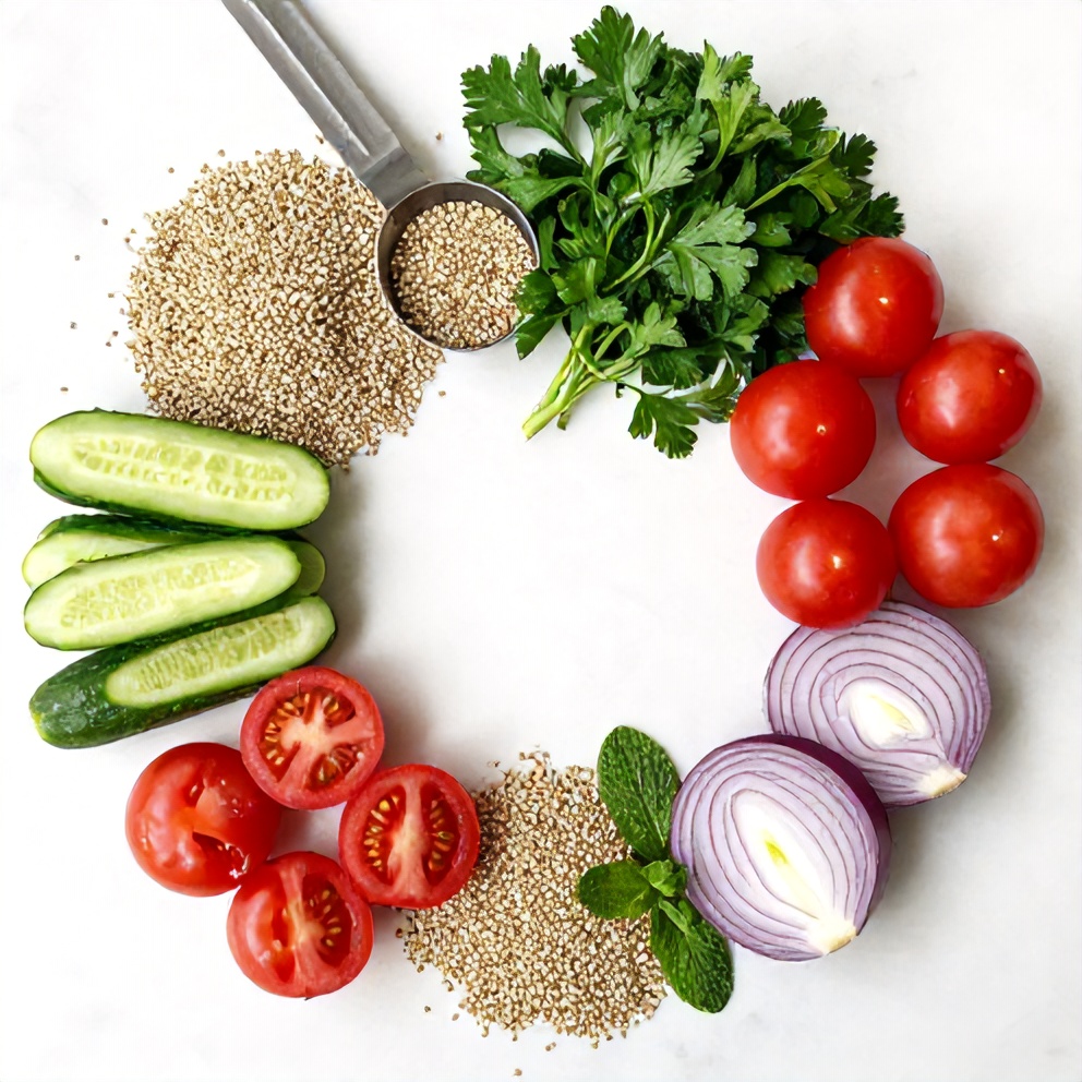 Quinoa, cucumber, tomatoes, parsley, and red onion on a wooden surface