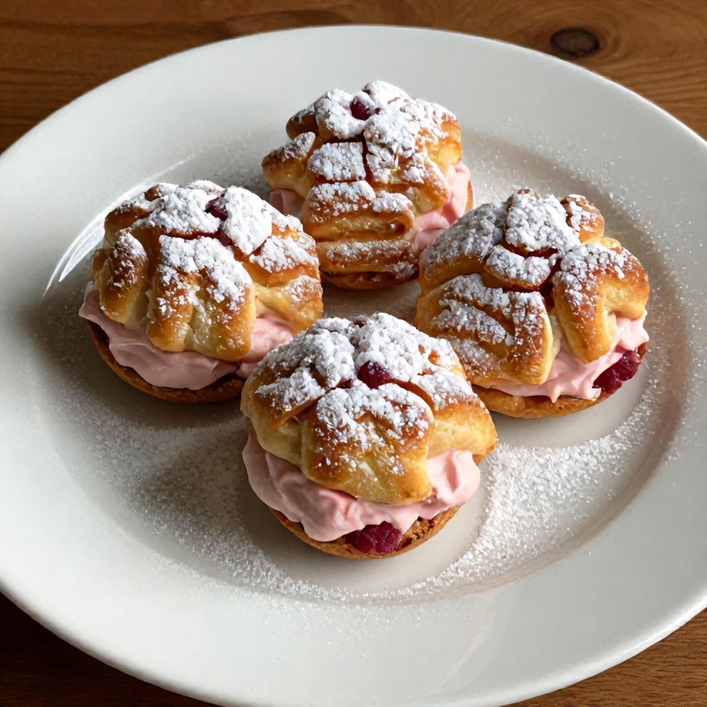 One perfect plated serving of raspberry cream cheese cruffins with a dusting of powdered sugar, on a white plate, warm side lighting highlighting the texture.