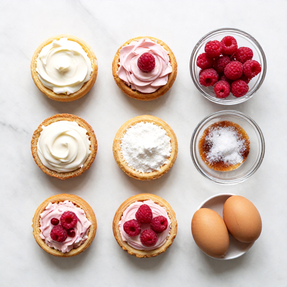 Overhead flat lay of raspberry cream cheese cruffins ingredients: pastry dough, cream cheese, raspberries, sugar, and eggs on a white marble surface.