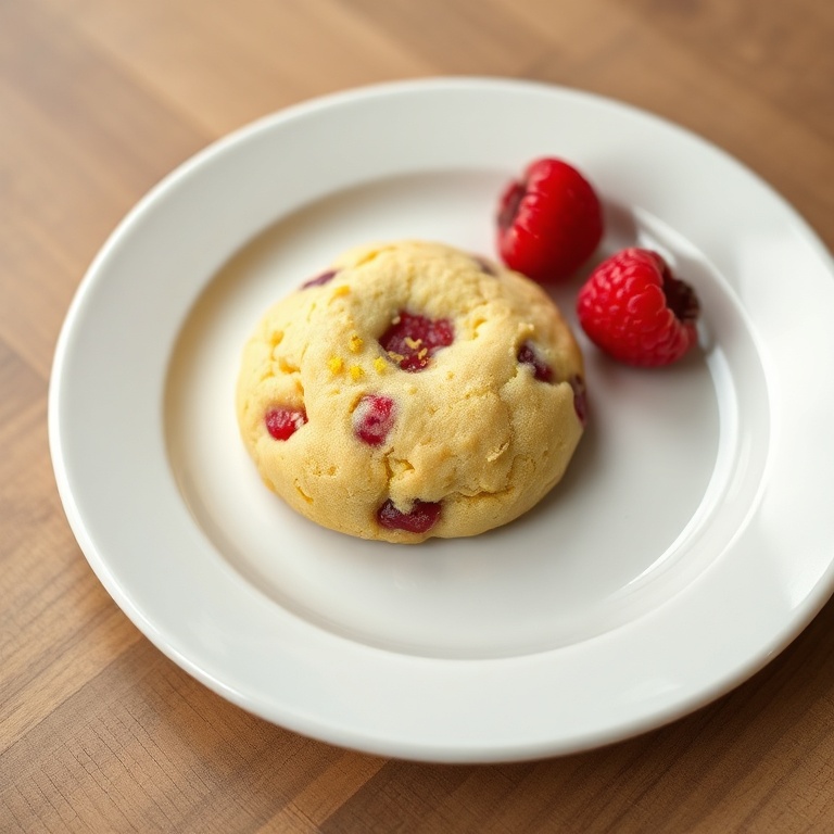 One plated easy raspberry lemonade cookie with fresh lemon zest on white ceramic plate with warm side lighting
