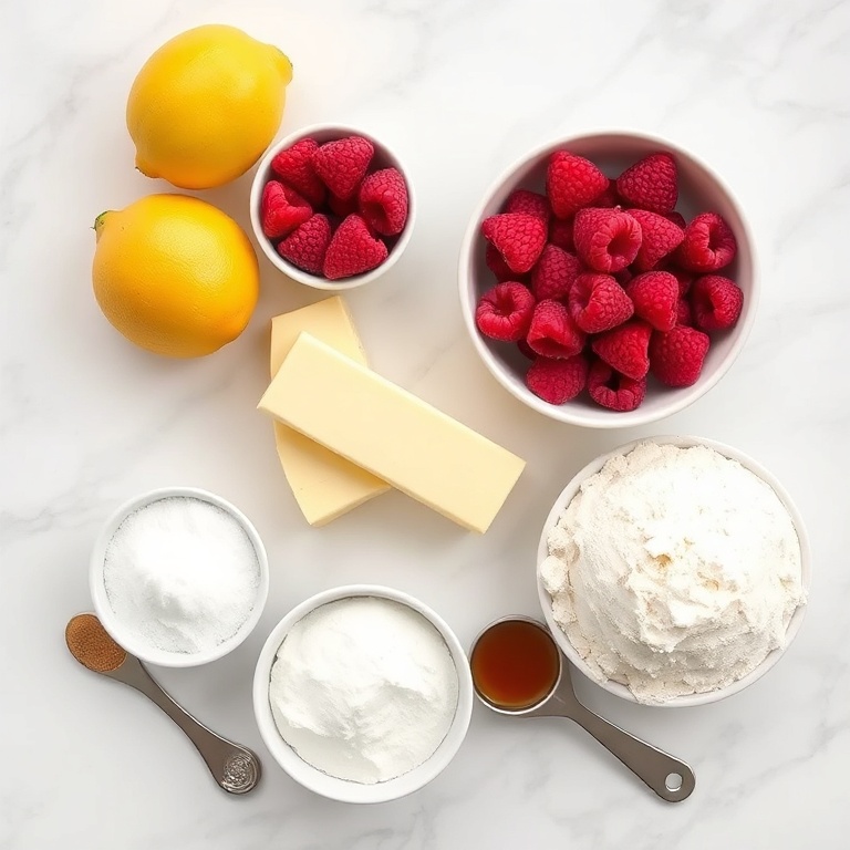 Overhead flat lay of raw ingredients including fresh raspberries, lemons, flour, sugar, butter with measuring spoons and bowls on white marble surface