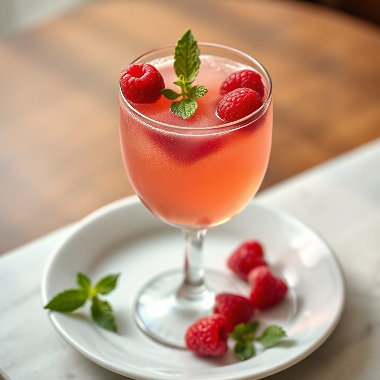A glass of Raspberry Moscato with fresh raspberries on the rim and a sprig of mint