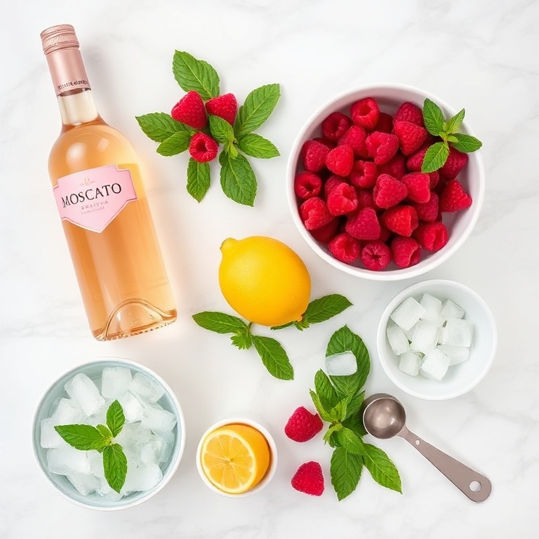 Fresh raspberries, a bottle of Moscato, mint leaves, a lemon, and ice cubes arranged on a white marble surface