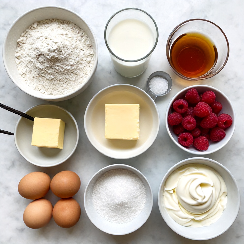 Raw ingredients for Easy Raspberry Vanilla Cream Crepes