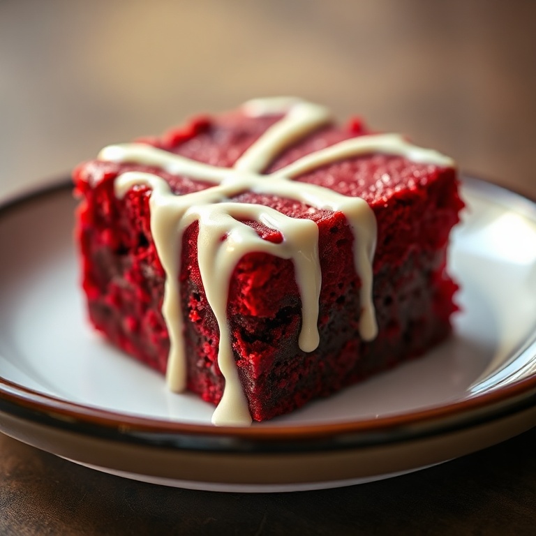 A single red velvet brownie with a glossy white chocolate drizzle. Close-up of the top layer. Warm lighting highlights the chocolate. Plate with dark rim. Photorealistic food photography.