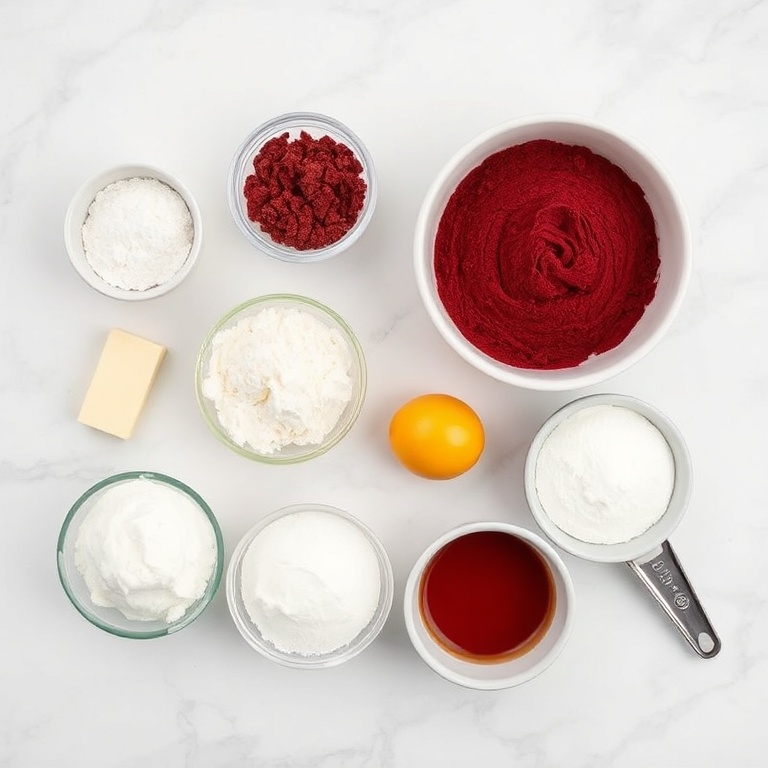 All raw ingredients for red velvet brownies arranged in an overhead flat lay. Flour, cocoa powder, butter, sugar, and eggs are the most visible. Prep bowls and measuring tools nearby. Bright even light. White marble surface.