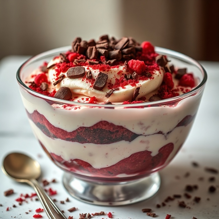 Serving of red velvet cheesecake trifle in a clear glass bowl. Topped with chocolate shavings and red velvet crumbs. Warm side lighting shows texture. Photorealistic food photography