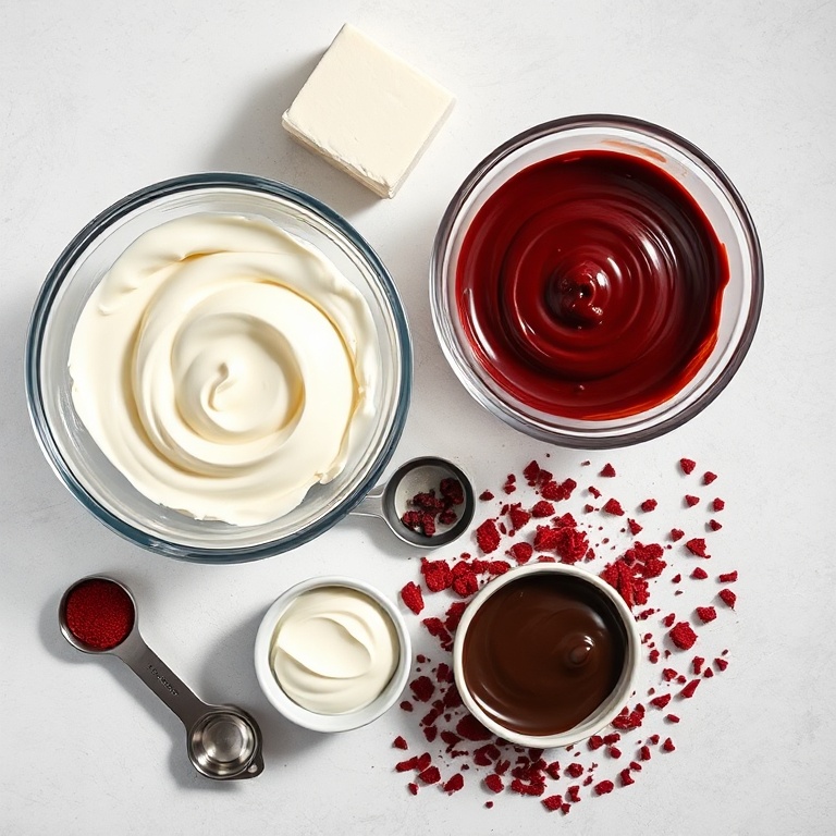 Red velvet cake mix, cream cheese, heavy cream, chocolate ganache, and red velvet cake crumbs arranged in an overhead flat lay. Measuring cups and spoons visible. Bright natural light
