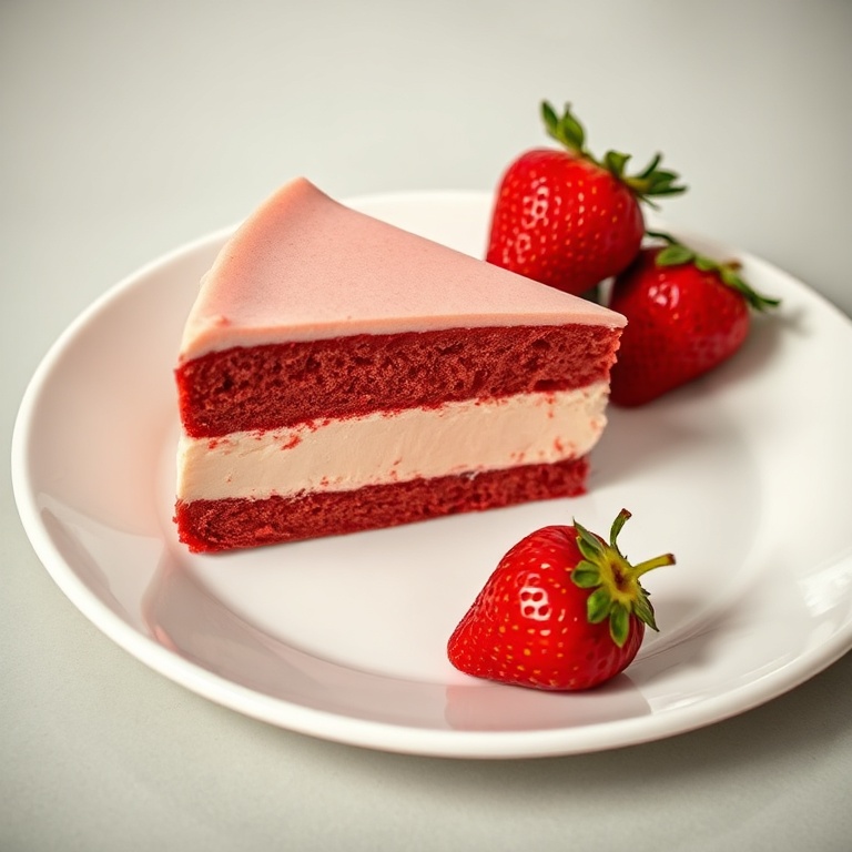 A perfectly sliced red velvet strawberry cheesecake with fresh strawberries on a white plate
