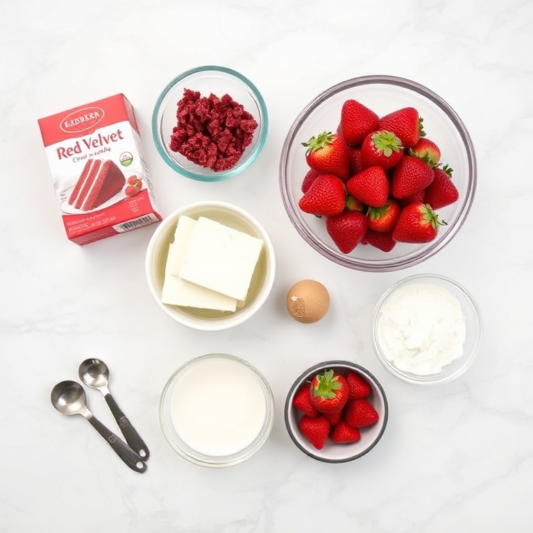 All ingredients for red velvet strawberry cheesecake arranged in a flat lay