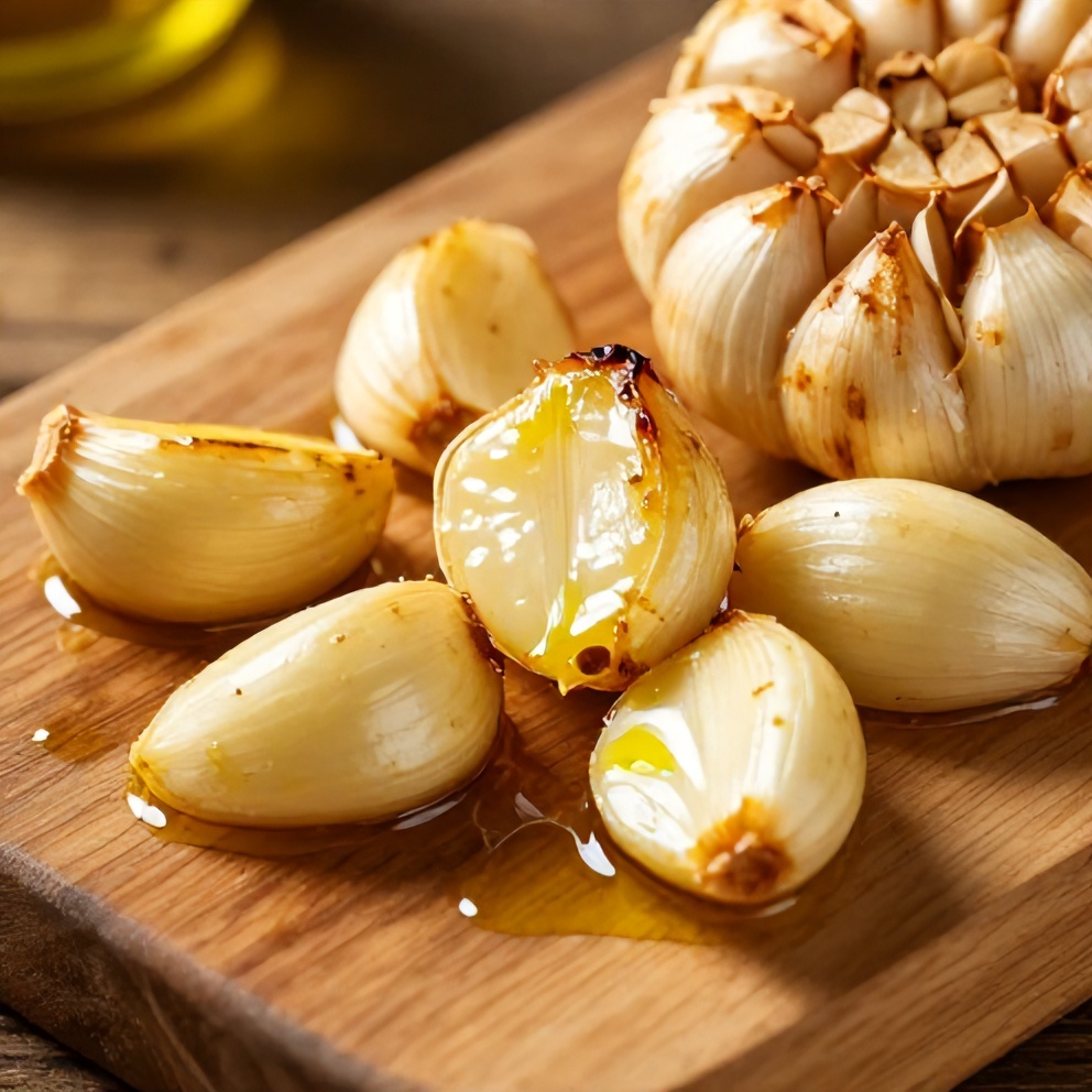 Roasted garlic cloves on a wooden board with a drizzle of olive oil