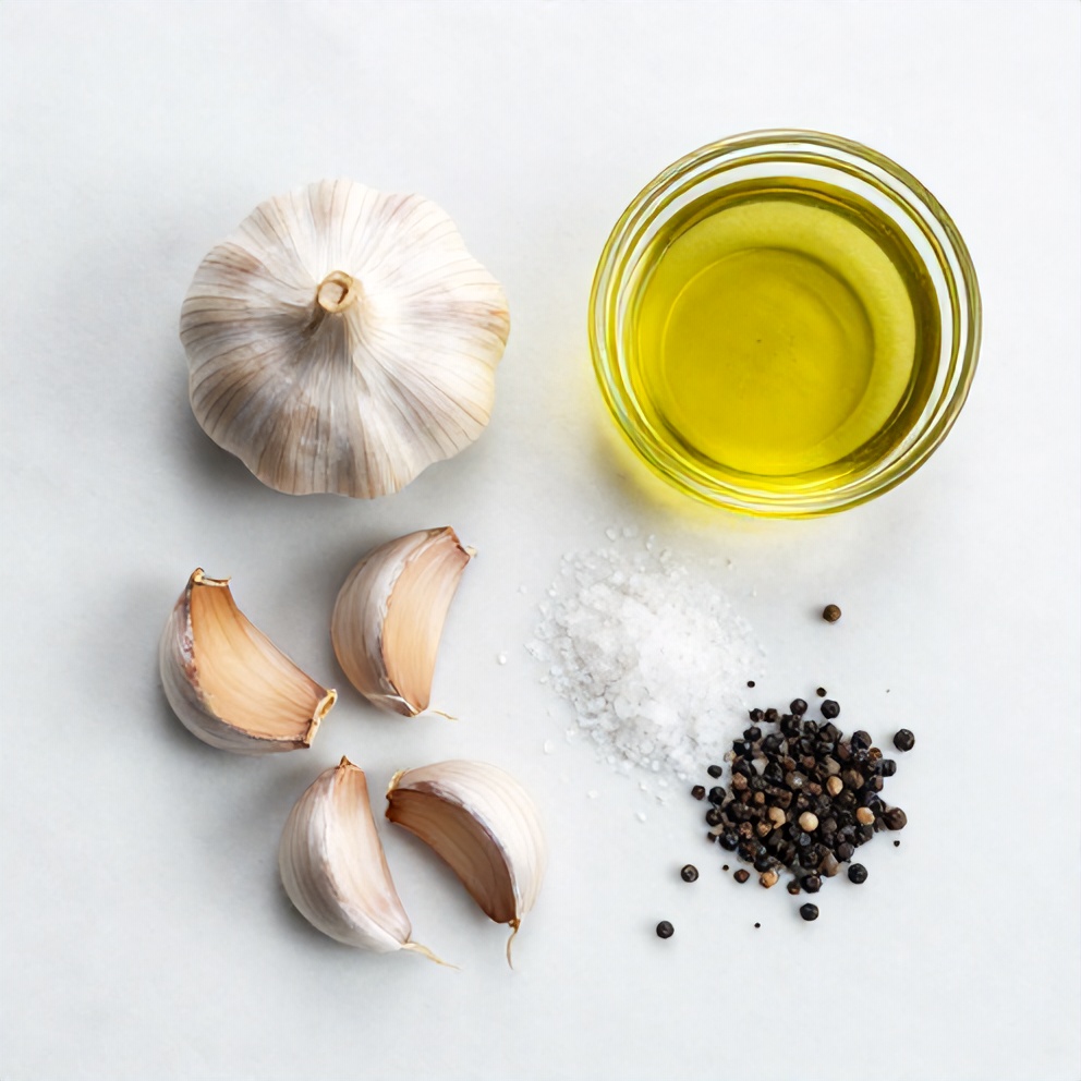 Raw garlic cloves, olive oil, salt, and pepper arranged on a marble surface