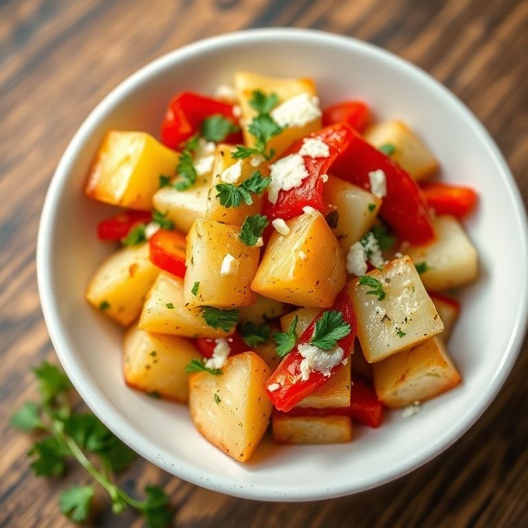 Single serving of easy roasted pepper potato salad garnished with fresh chopped parsley on a white plate with golden potatoes and parmesan flakes