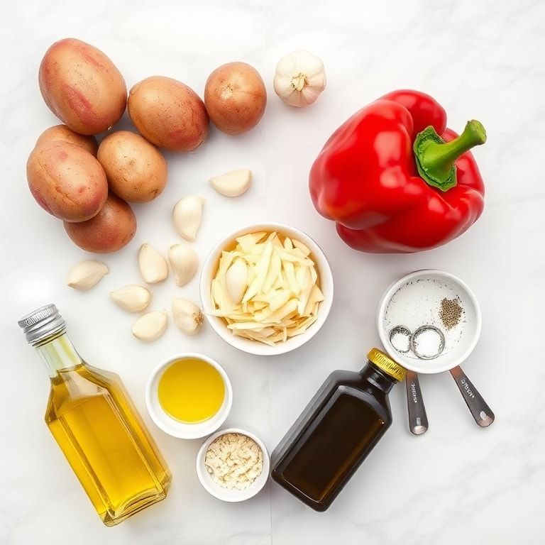 Raw ingredients for easy roasted pepper potato salad including potatoes, red bell peppers, garlic cloves, Parmesan cheese, olive oil displayed in prep bowls overhead
