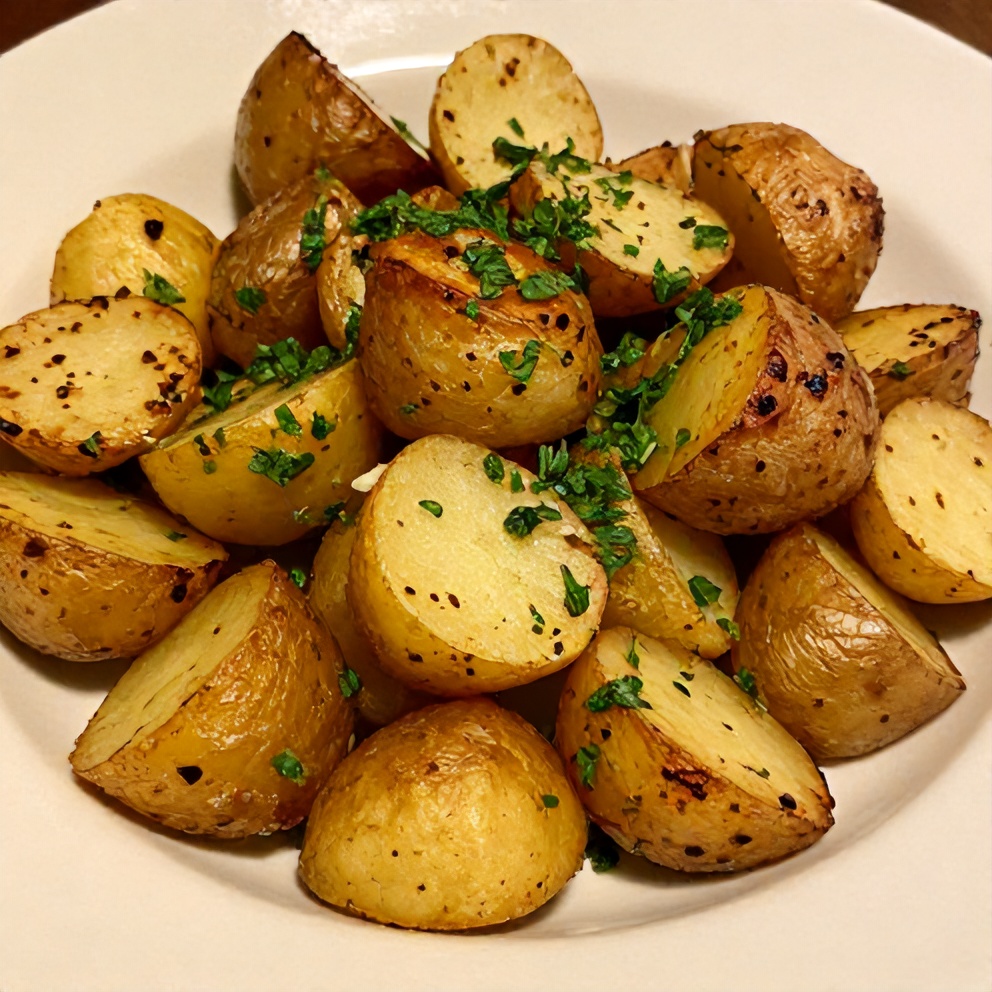 Plated serving of roasted potato salad with fresh herbs