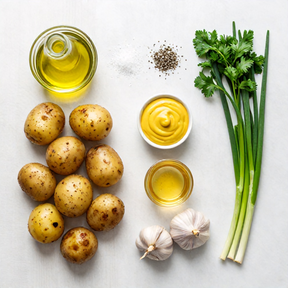 Raw ingredients for roasted potato salad on a marble surface
