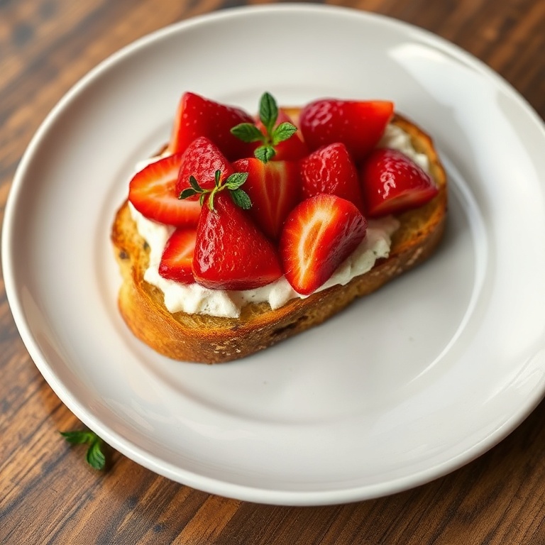 Single serving of roasted strawberry ricotta toast garnished with fresh thyme on a white plate with warm lighting