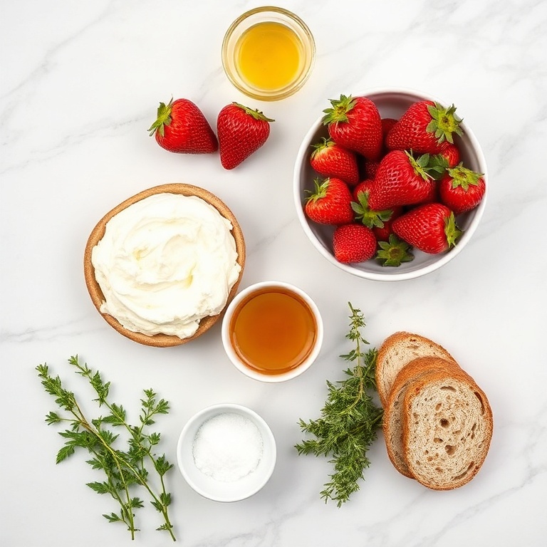 Overhead flat lay of fresh strawberries, ricotta cheese, bread, honey, and thyme with measuring spoons on white marble surface