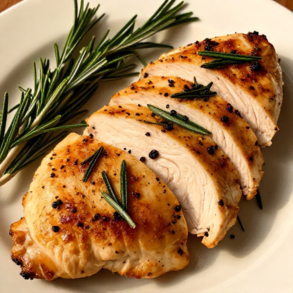 Plated Rosemary Dijon Chicken Breast with fresh rosemary garnish