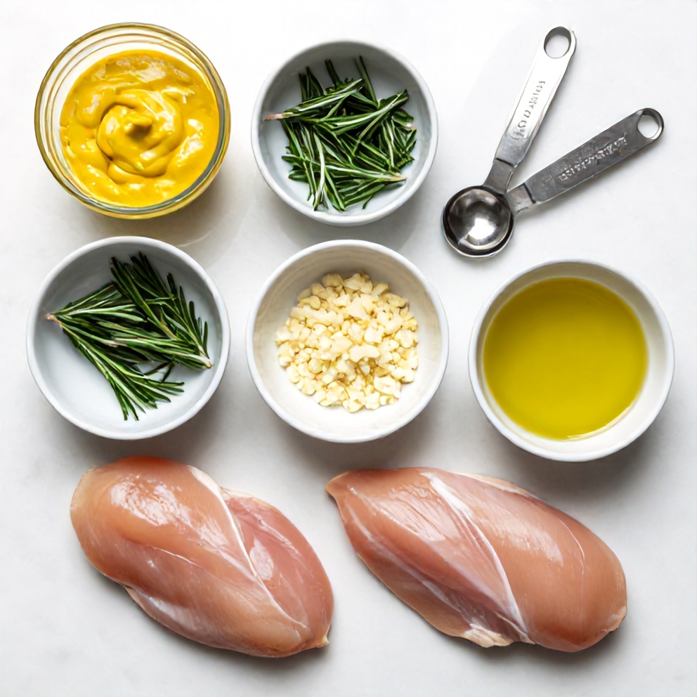 Rosemary, Dijon mustard, garlic, chicken breasts, and other ingredients laid out