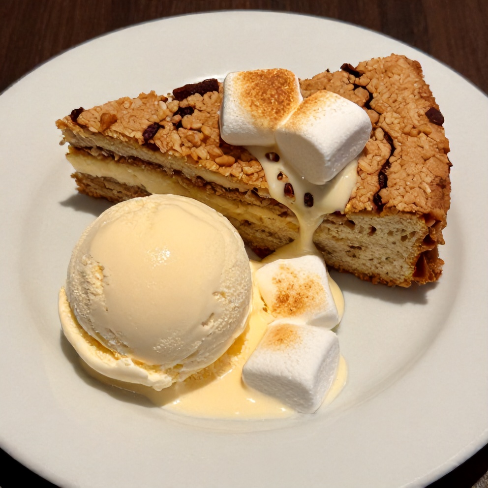 Sliced S'mores Cookie Cake on a plate with a scoop of vanilla ice cream