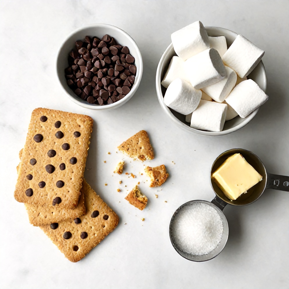 Graham crackers, chocolate chips, marshmallows, butter, and sugar arranged on a marble surface