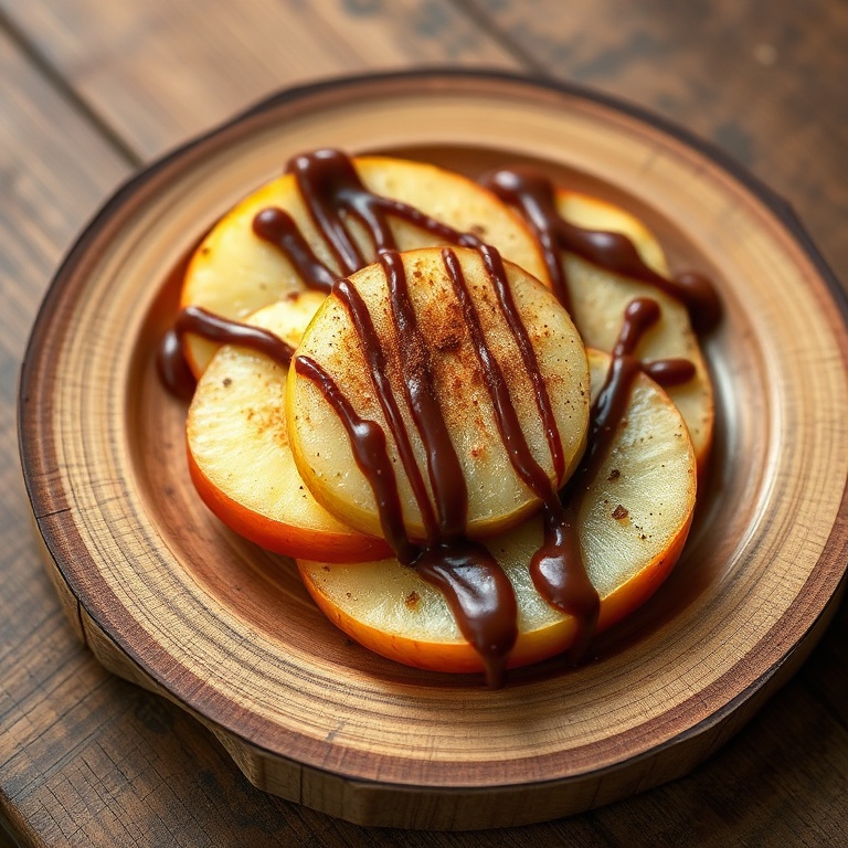 One perfectly plated serving of Samoa apple slices on a rustic wooden plate. Melted chocolate and almond butter drizzle cover the slices with a sprinkle of cinnamon.